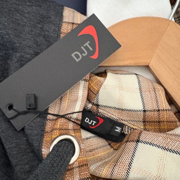 NEW! Djt Hoodie Plaid Trim Pullover Blouse Combo Gray Tan Gold Casual - 35 - Picture 5 of 5